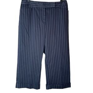 Ellen Tracy Crop Pants Womens 6 Navy Blue White Pinstripe Cuffed